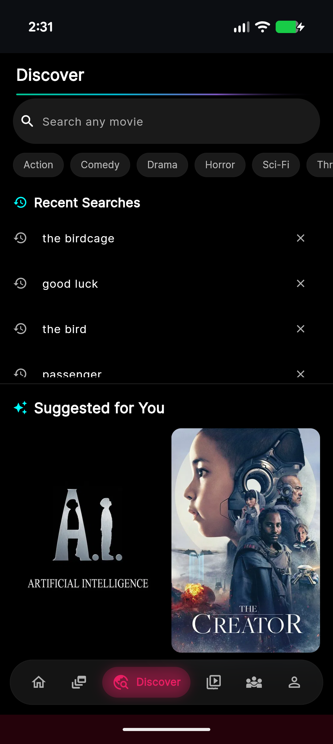 moviemates.social Discover tab — universal movie search, genre chips, Recent Searches list, and AI-curated Suggested for You posters
