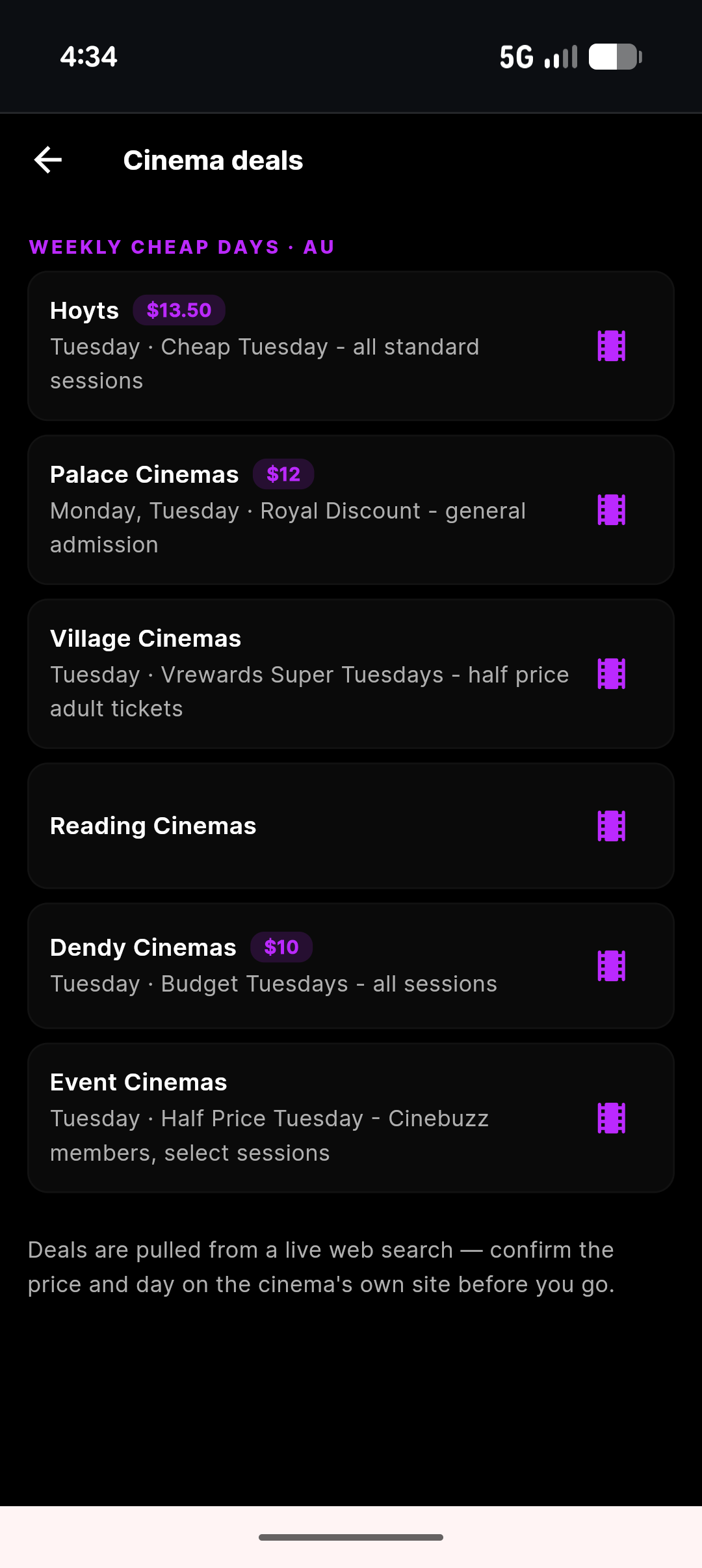 moviemates.social Cinema Deals — weekly cheap movie ticket days for Australian cinema chains: Hoyts Cheap Tuesday from $13.50, Palace Royal Discount $12, Village Vrewards Super Tuesday half-price, Dendy Budget Tuesday $10, Event Half Price Tuesday for Cinebuzz members