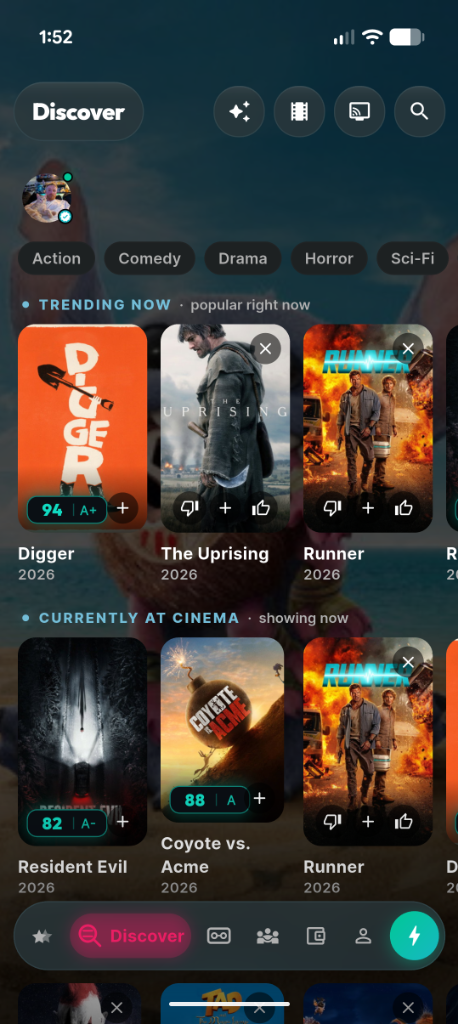 moviemates.social Discover tab — Trending Now films like Digger, The Uprising, and Runner, plus Currently at Cinema hits like Coyote vs. Acme and Resident Evil
