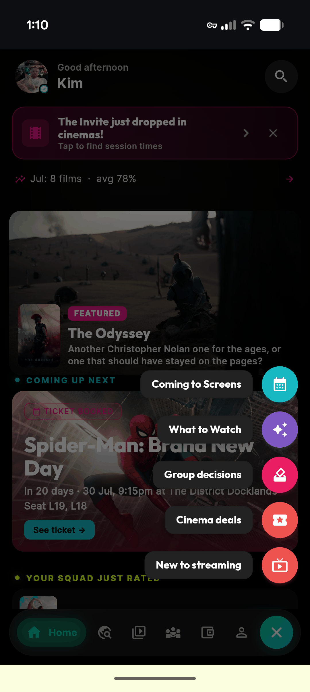 moviemates.social quick-actions menu — the floating button expanded over the home screen into a speed dial of the most-used features: Coming to Screens, What to Watch, Group decisions, Cinema deals and New to streaming