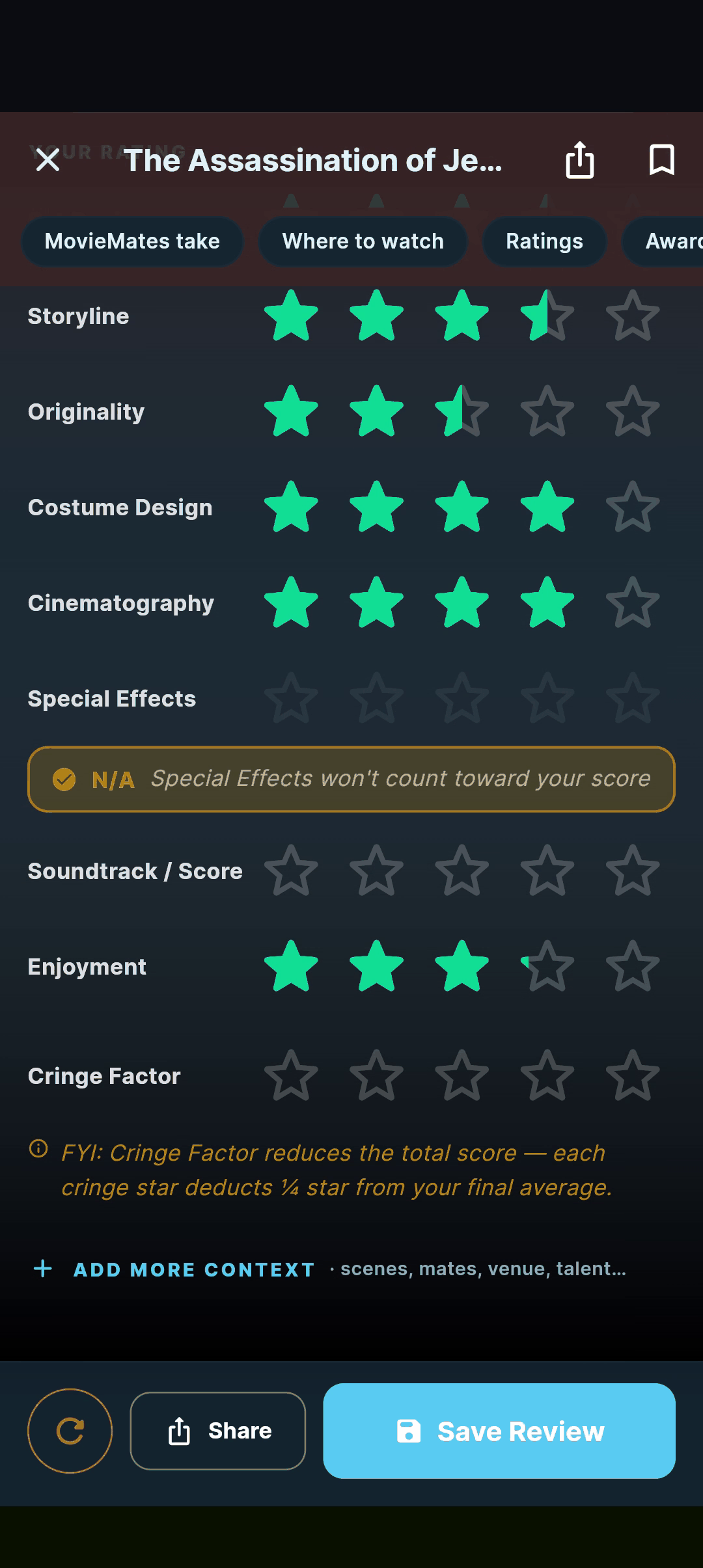 moviemates.social rating screen — a film scored star-by-star across its crafts (Storyline, Originality, Costume Design, Cinematography, Special Effects, Soundtrack, Enjoyment), with Costume Design earning full marks even as other scores land lower, plus a Cringe Factor