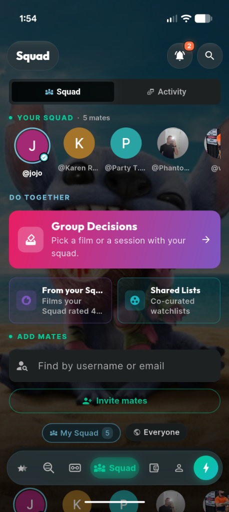 moviemates.social Squad Hub — showing your squad of mates, Group Decisions prompt, and co-curated shared watchlists