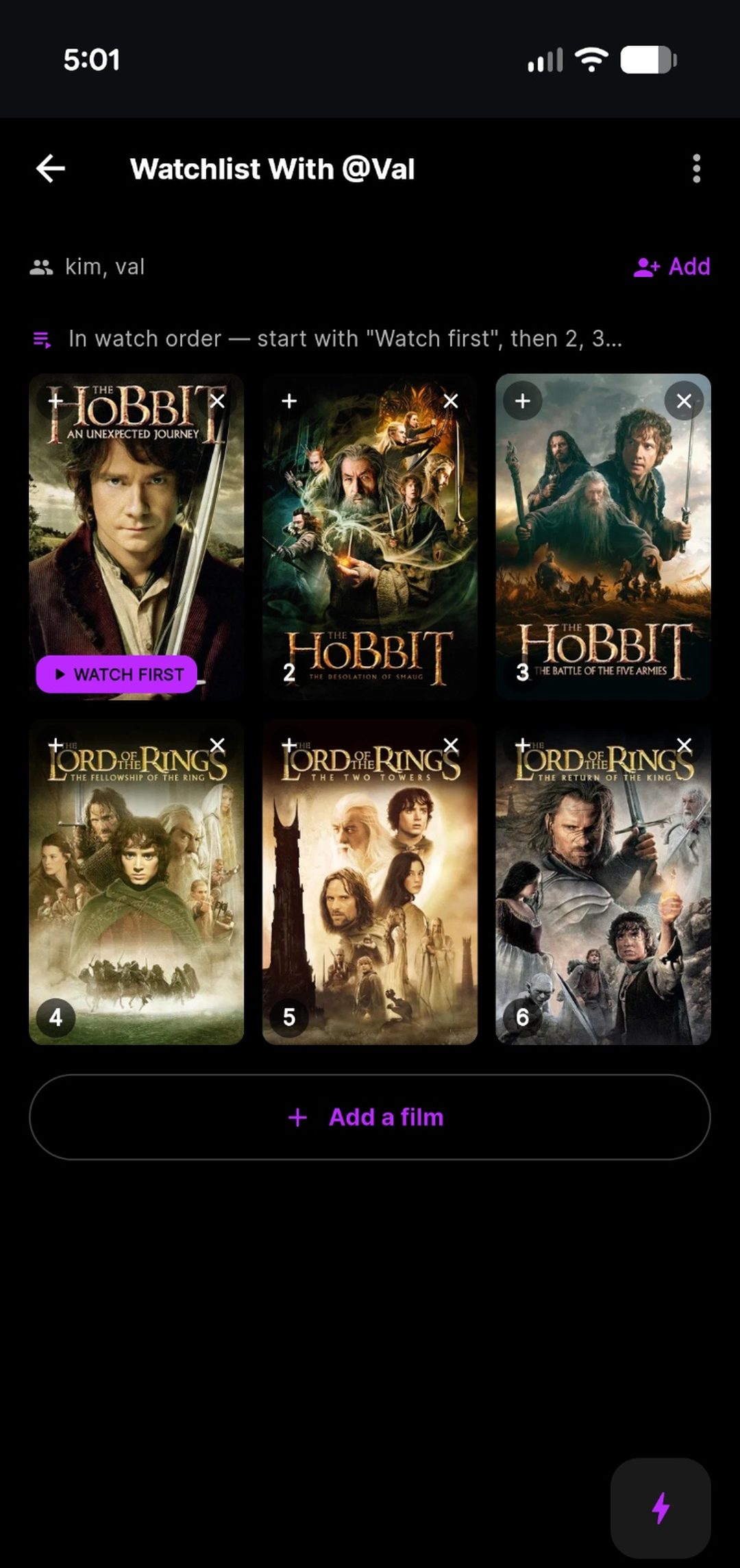 moviemates.social watch order — a shared Watchlist with @Val laying The Hobbit and The Lord of the Rings trilogies out in story order, with a Watch First flag on The Hobbit: An Unexpected Journey and the rest numbered 2 through 6